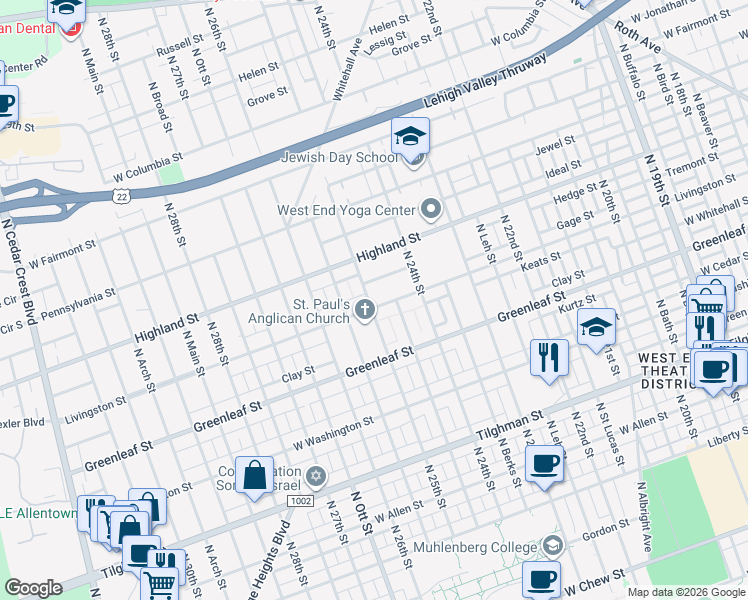 map of restaurants, bars, coffee shops, grocery stores, and more near 2501 Livingston Street in Allentown