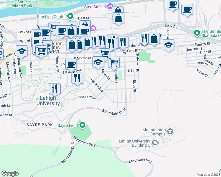 map of restaurants, bars, coffee shops, grocery stores, and more near 725 East 7th Street in Bethlehem