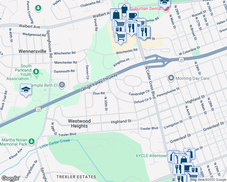 map of restaurants, bars, coffee shops, grocery stores, and more near 3421 Oxford Circle South in Allentown