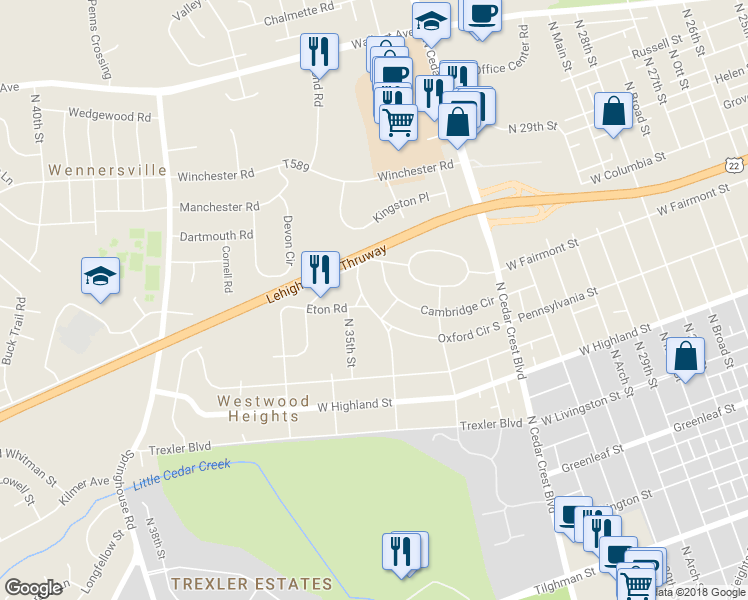 map of restaurants, bars, coffee shops, grocery stores, and more near 3421 Oxford Circle South in Allentown