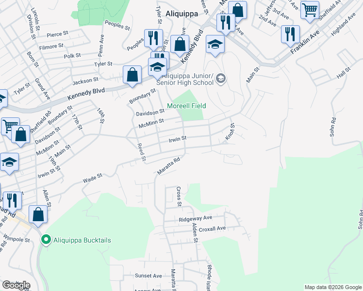 map of restaurants, bars, coffee shops, grocery stores, and more near 1202 Wade Street in Aliquippa