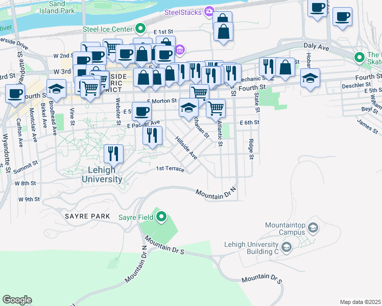 map of restaurants, bars, coffee shops, grocery stores, and more near 480 Selfridge Street in Bethlehem