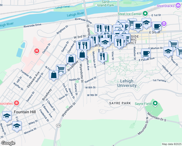 map of restaurants, bars, coffee shops, grocery stores, and more near 531 Carlton Avenue in Bethlehem