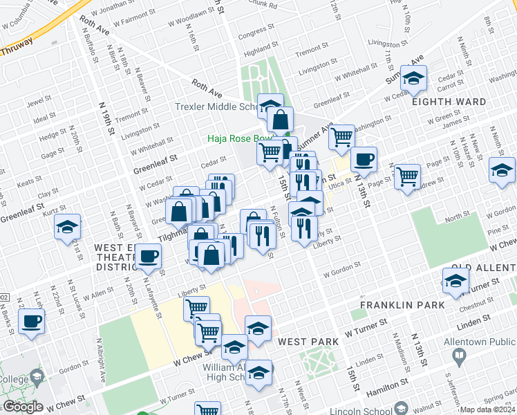 map of restaurants, bars, coffee shops, grocery stores, and more near 646 North 16th Street in Allentown