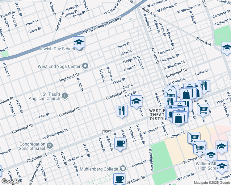 map of restaurants, bars, coffee shops, grocery stores, and more near 2146 Greenleaf Street in Allentown