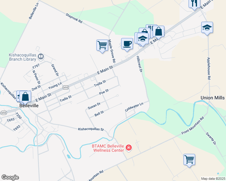 map of restaurants, bars, coffee shops, grocery stores, and more near 144 Poe Street in Belleville