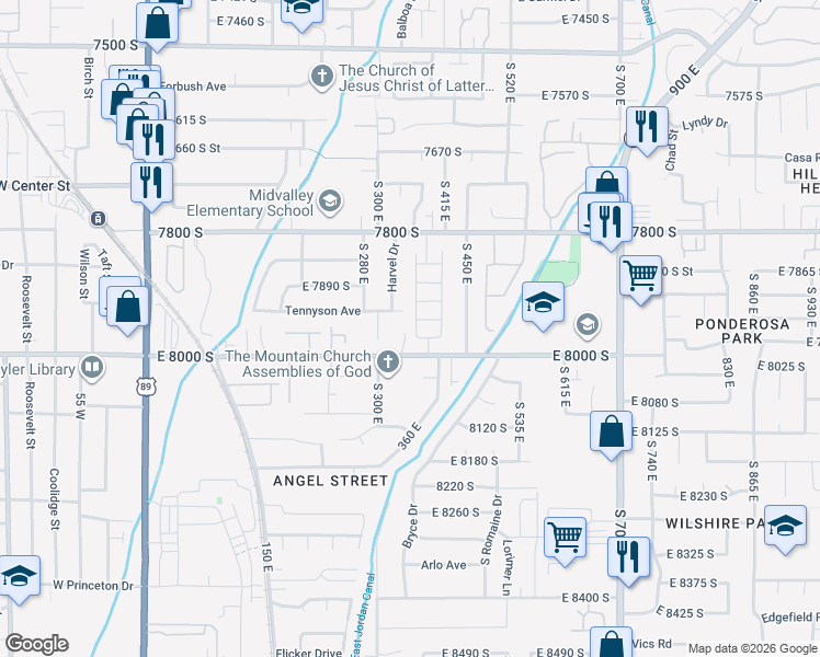 map of restaurants, bars, coffee shops, grocery stores, and more near 7956 Farm House Lane in Midvale