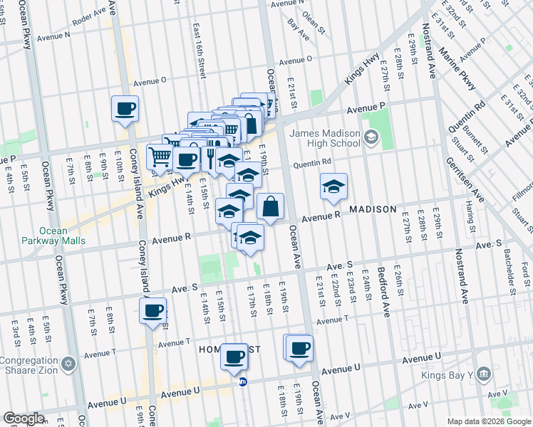 map of restaurants, bars, coffee shops, grocery stores, and more near 1809 Avenue R in Brooklyn