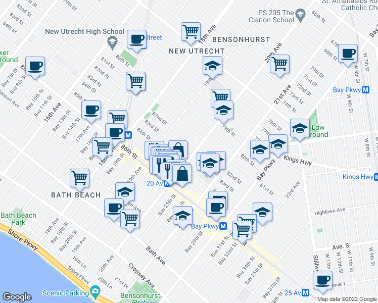 map of restaurants, bars, coffee shops, grocery stores, and more near 8214 20th Avenue in Brooklyn