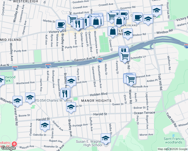 map of restaurants, bars, coffee shops, grocery stores, and more near 226 Gansevoort Boulevard in Staten Island