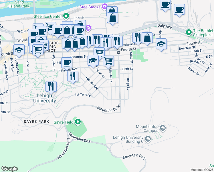 map of restaurants, bars, coffee shops, grocery stores, and more near 733 East 7th Street in Bethlehem