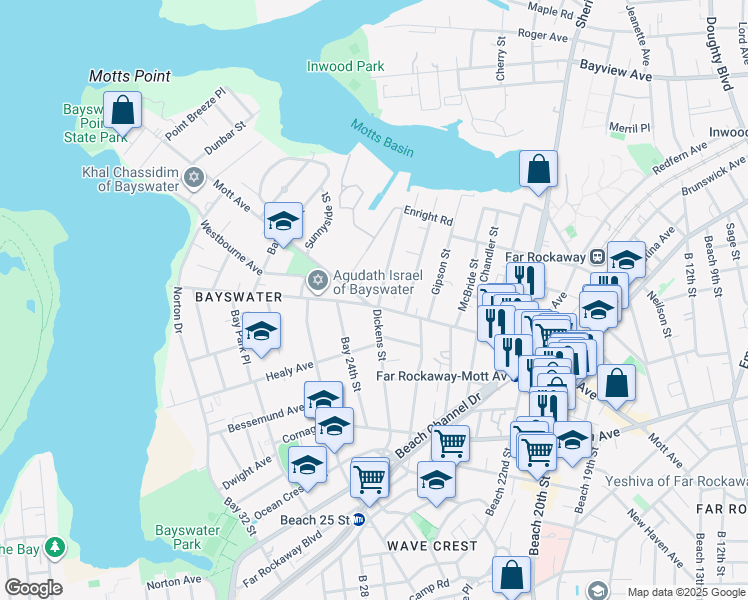 map of restaurants, bars, coffee shops, grocery stores, and more near 23-60 Mott Avenue in Queens