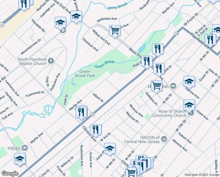 map of restaurants, bars, coffee shops, grocery stores, and more near 25 Compton Avenue in Plainfield