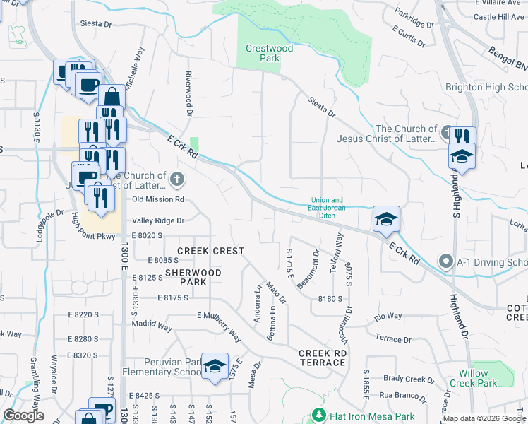 map of restaurants, bars, coffee shops, grocery stores, and more near 1658 Creek Road in Sandy