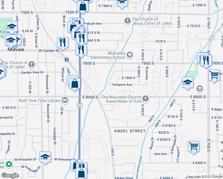 map of restaurants, bars, coffee shops, grocery stores, and more near 163 East 8000 South in Sandy