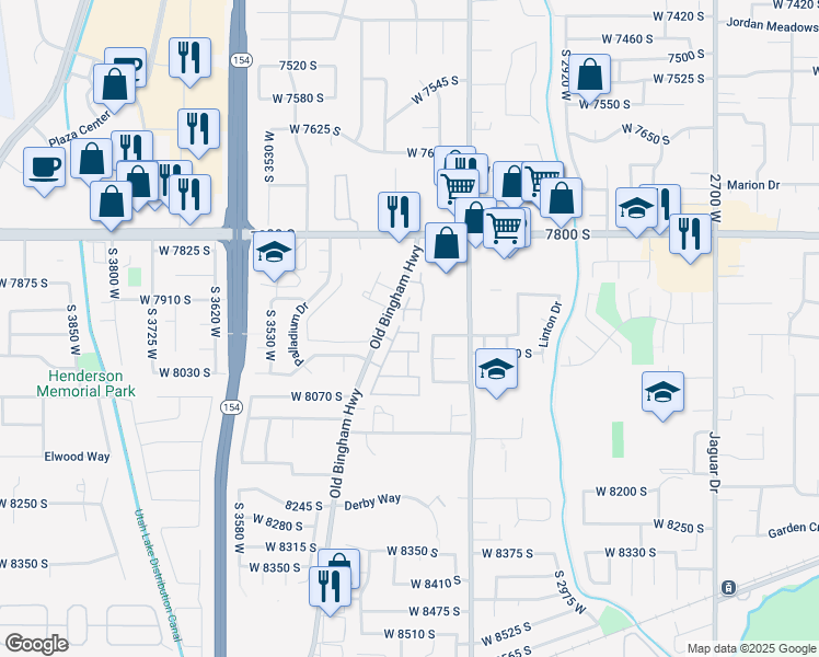 map of restaurants, bars, coffee shops, grocery stores, and more near 7964 South Lismore Lane in West Jordan