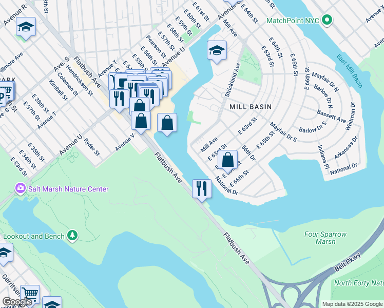 map of restaurants, bars, coffee shops, grocery stores, and more near 2206 National Drive in Brooklyn