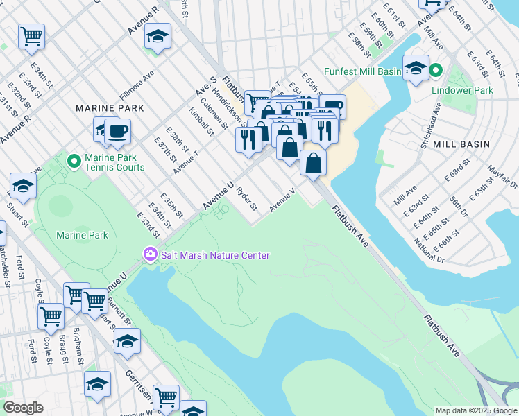 map of restaurants, bars, coffee shops, grocery stores, and more near 2264 Ryder Street in Brooklyn