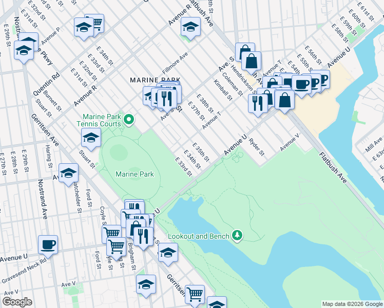 map of restaurants, bars, coffee shops, grocery stores, and more near 2130 East 34th Street in Brooklyn