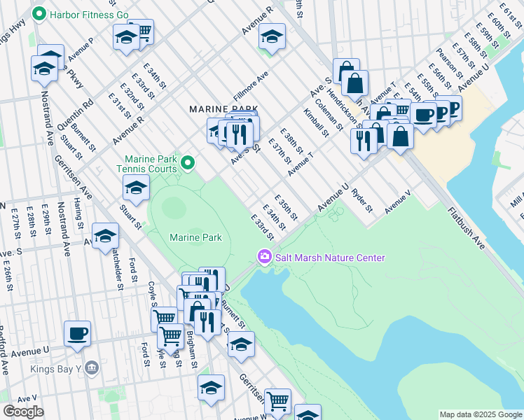 map of restaurants, bars, coffee shops, grocery stores, and more near 2130 East 34th Street in Brooklyn