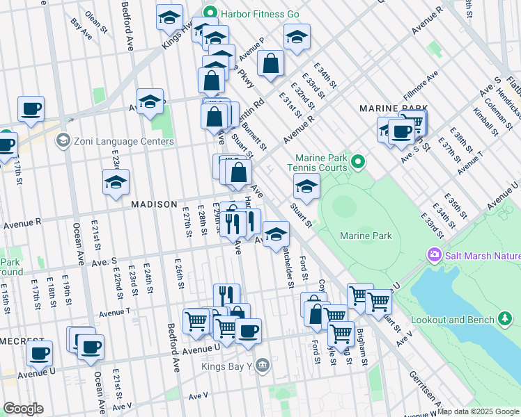 map of restaurants, bars, coffee shops, grocery stores, and more near 1886 Gerritsen Avenue in Brooklyn