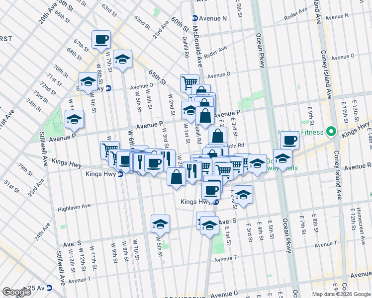 map of restaurants, bars, coffee shops, grocery stores, and more near 1677 West 2nd Street in Brooklyn