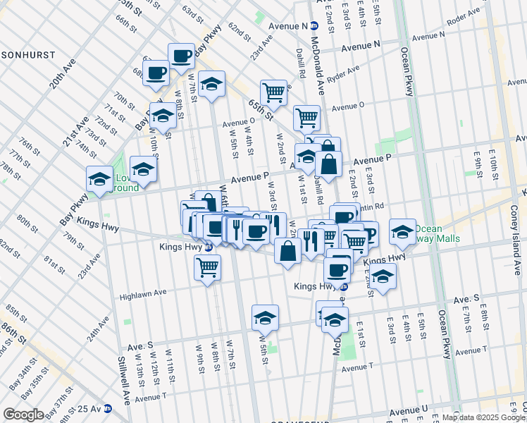 map of restaurants, bars, coffee shops, grocery stores, and more near 251 Quentin Road in Brooklyn