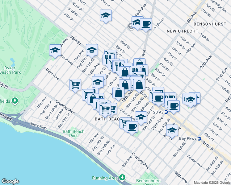 map of restaurants, bars, coffee shops, grocery stores, and more near 1731 Benson Avenue in Brooklyn