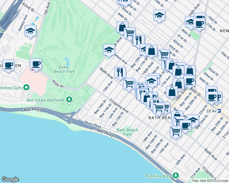 map of restaurants, bars, coffee shops, grocery stores, and more near 217 Bay 10th Street in Brooklyn
