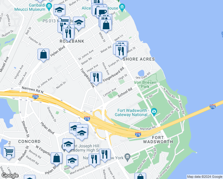 map of restaurants, bars, coffee shops, grocery stores, and more near 80 Lyman Avenue in Staten Island