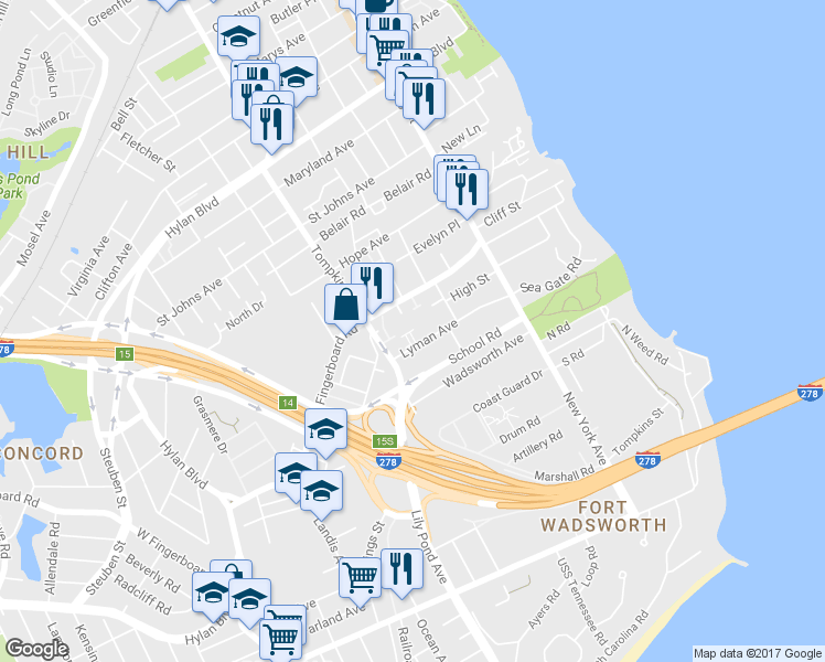 map of restaurants, bars, coffee shops, grocery stores, and more near 121 Lyman Avenue in Staten Island