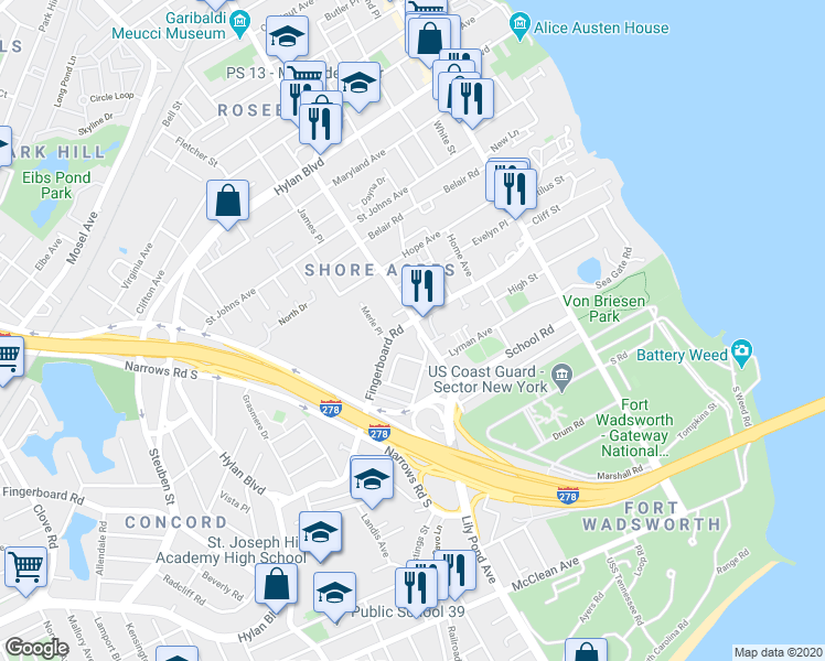 map of restaurants, bars, coffee shops, grocery stores, and more near 159 Garfield Avenue in Staten Island