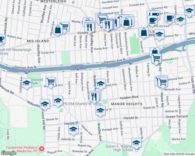 map of restaurants, bars, coffee shops, grocery stores, and more near 211 Bradley Avenue in Staten Island