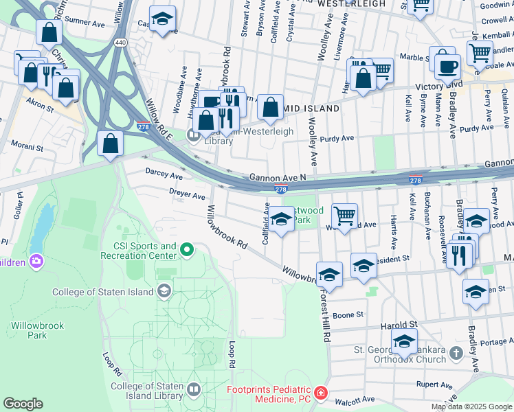 map of restaurants, bars, coffee shops, grocery stores, and more near 24 Bascom Place in Staten Island