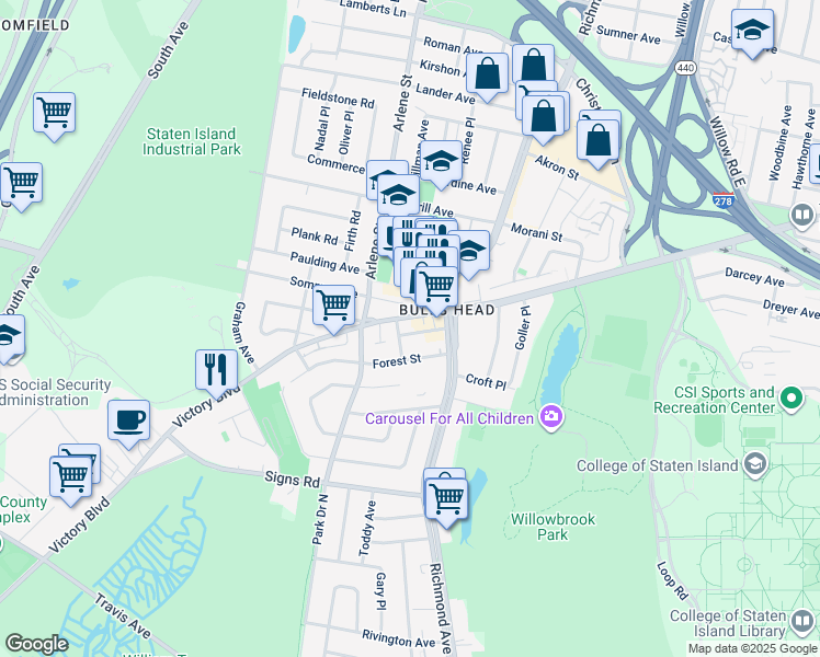 map of restaurants, bars, coffee shops, grocery stores, and more near 16 Jones Street in Staten Island