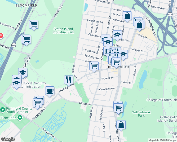 map of restaurants, bars, coffee shops, grocery stores, and more near 7 Nostrand Avenue in Staten Island