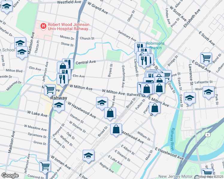 map of restaurants, bars, coffee shops, grocery stores, and more near 205 West Milton Avenue in Rahway