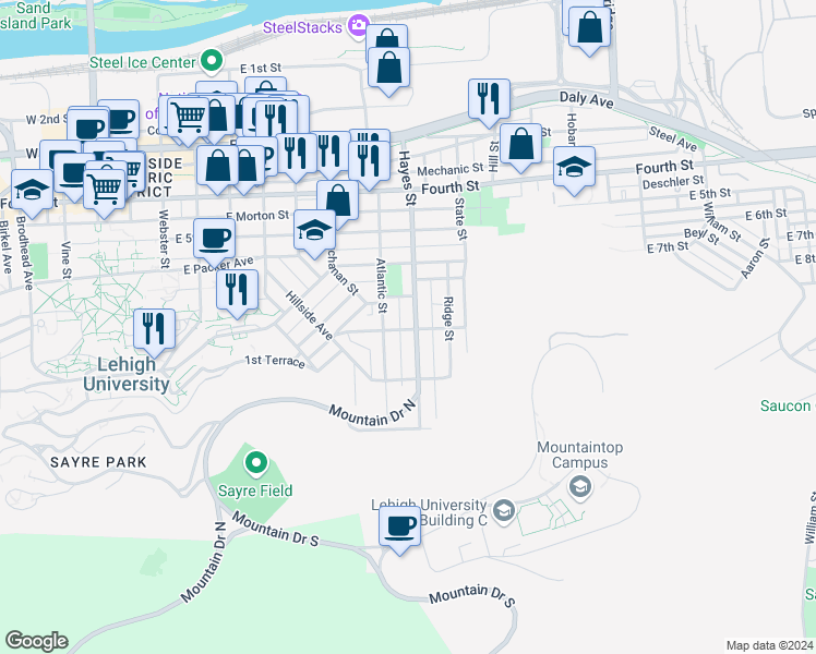 map of restaurants, bars, coffee shops, grocery stores, and more near 702 Hayes Street in Bethlehem
