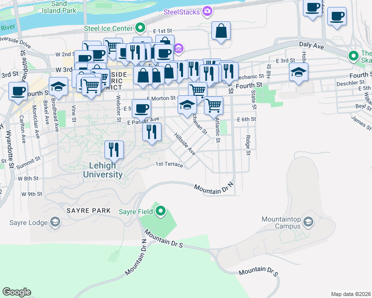 map of restaurants, bars, coffee shops, grocery stores, and more near 405 Selfridge Street in Bethlehem