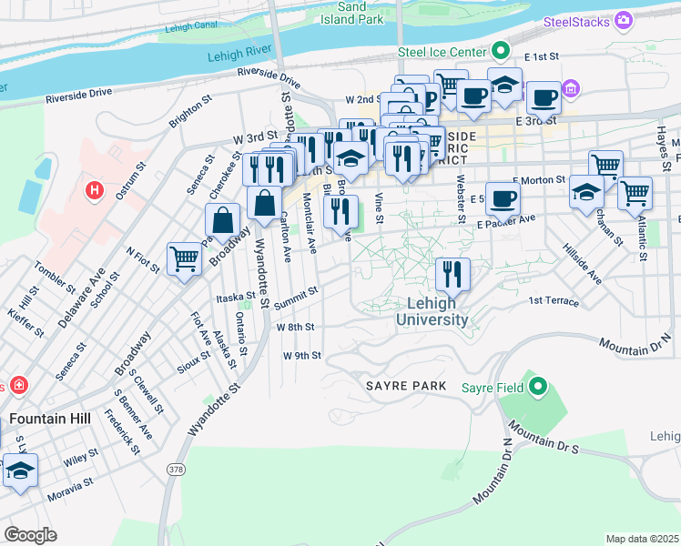 map of restaurants, bars, coffee shops, grocery stores, and more near 204 Summit Street in Bethlehem