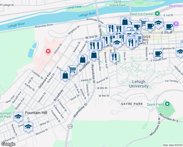 map of restaurants, bars, coffee shops, grocery stores, and more near 616 Wyandotte Street in Bethlehem