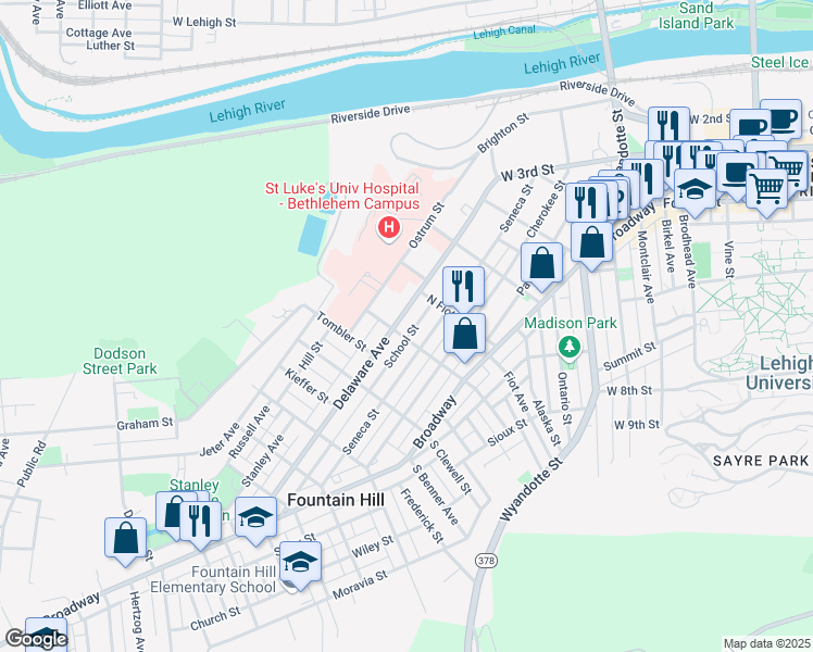 map of restaurants, bars, coffee shops, grocery stores, and more near 908 Delaware Avenue in Fountain Hill