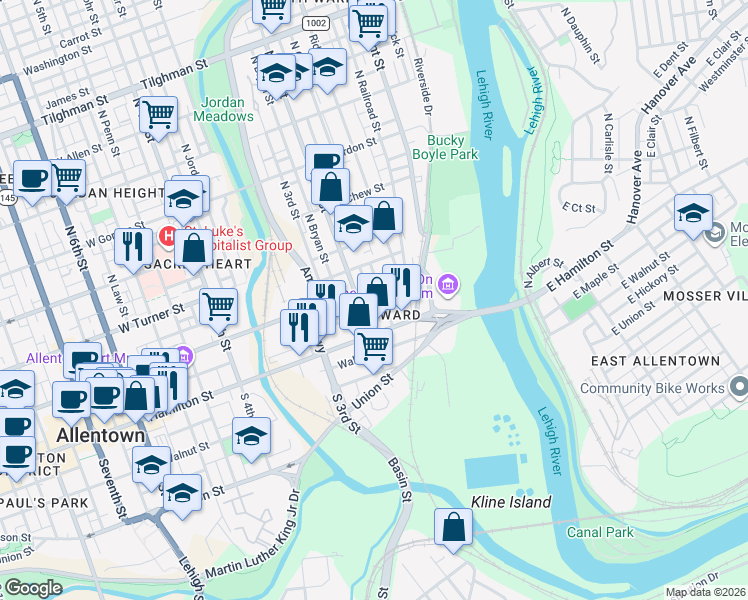 map of restaurants, bars, coffee shops, grocery stores, and more near in Allentown