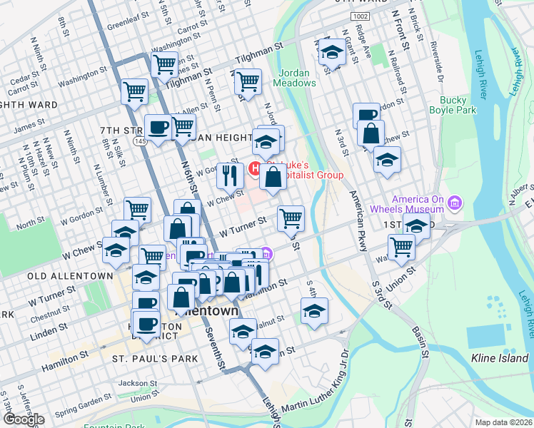map of restaurants, bars, coffee shops, grocery stores, and more near 435 West Turner Street in Allentown