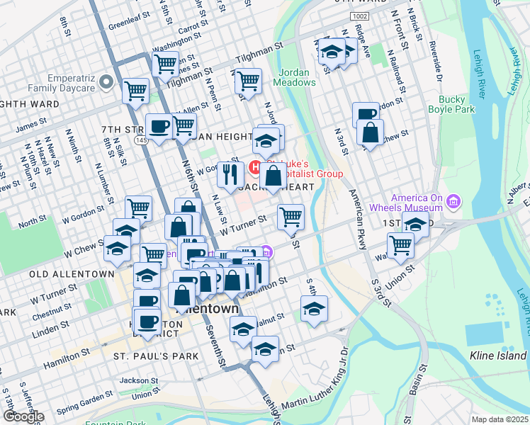 map of restaurants, bars, coffee shops, grocery stores, and more near 435 West Turner Street in Allentown