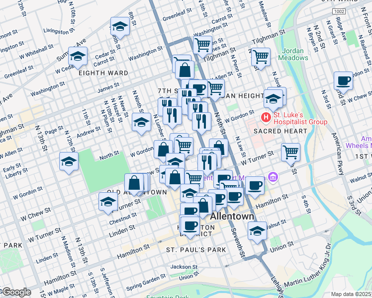 map of restaurants, bars, coffee shops, grocery stores, and more near 319 North Eighth Street in Allentown