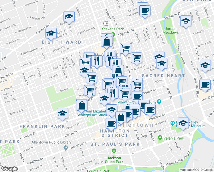map of restaurants, bars, coffee shops, grocery stores, and more near 319 North Eighth Street in Allentown