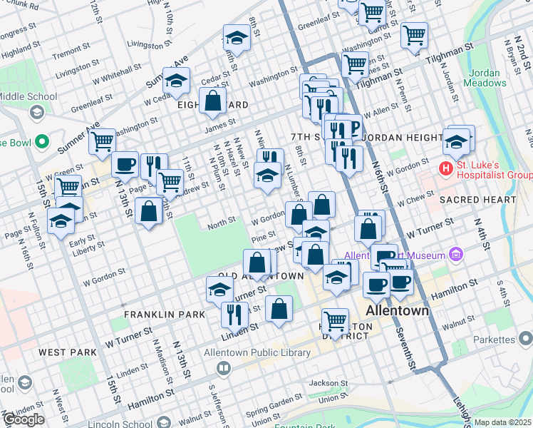 map of restaurants, bars, coffee shops, grocery stores, and more near 951 West Gordon Street in Allentown