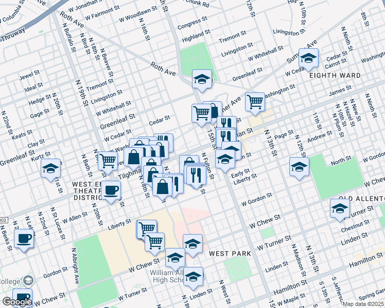 map of restaurants, bars, coffee shops, grocery stores, and more near 646 North 16th Street in Allentown