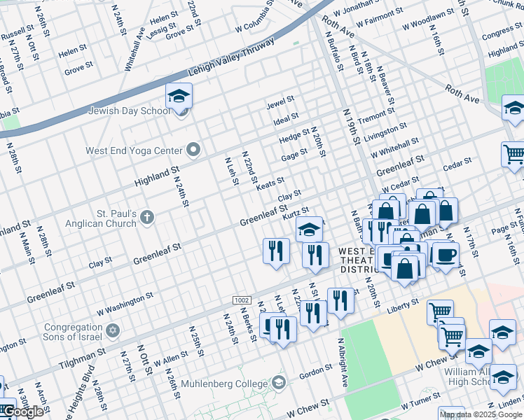 map of restaurants, bars, coffee shops, grocery stores, and more near 2146 Greenleaf Street in Allentown